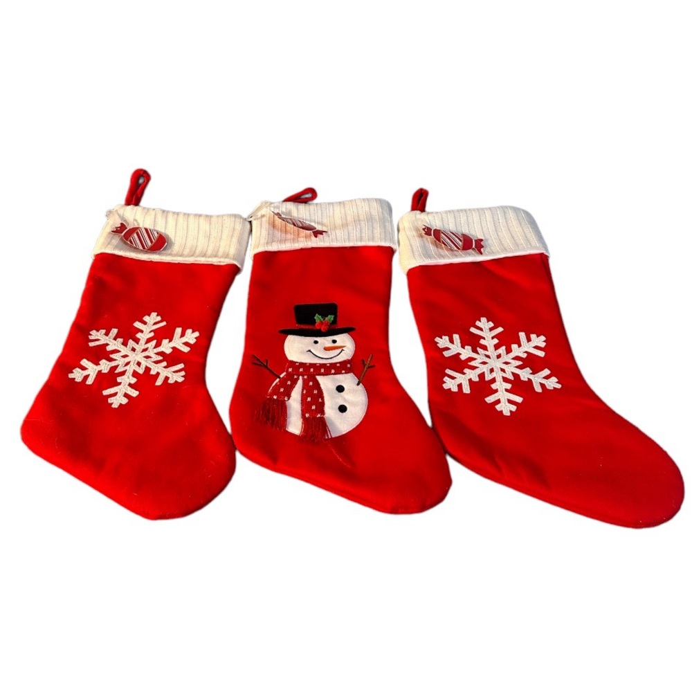JMLE LLC Lot 3 Christmas Stockings W/ Tags Sweater Top Felt Applique Snowman 18”